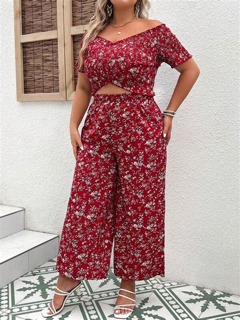 Shein Vcay Blümchen Muster Schulterfreies Top Mit And Hose Mit Weiten