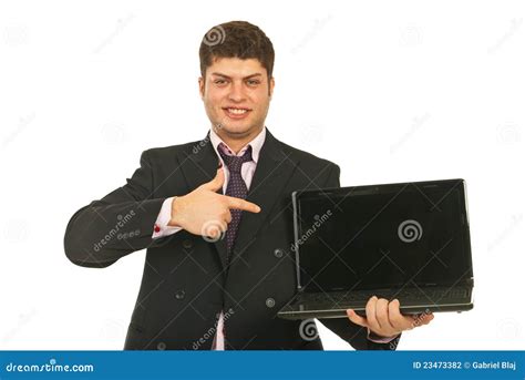 Businessman Pointing To Laptop Screen Stock Photo Image Of Indicate