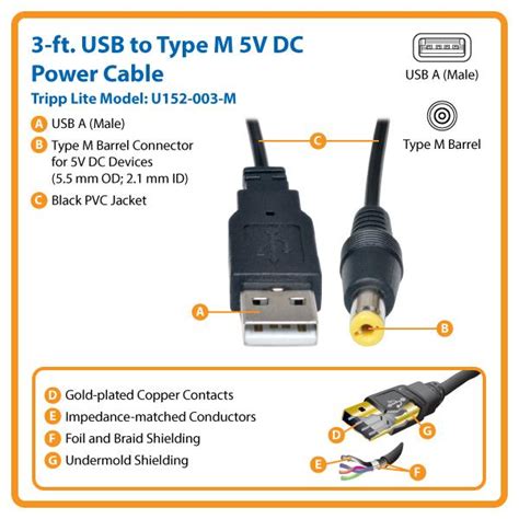 Tripp Lite U152 003 M 3 Feet Usb To Type M Barrel 5v Dc