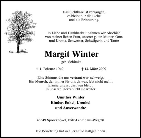 Traueranzeigen Von Margit Winter Trauer In Nrw De