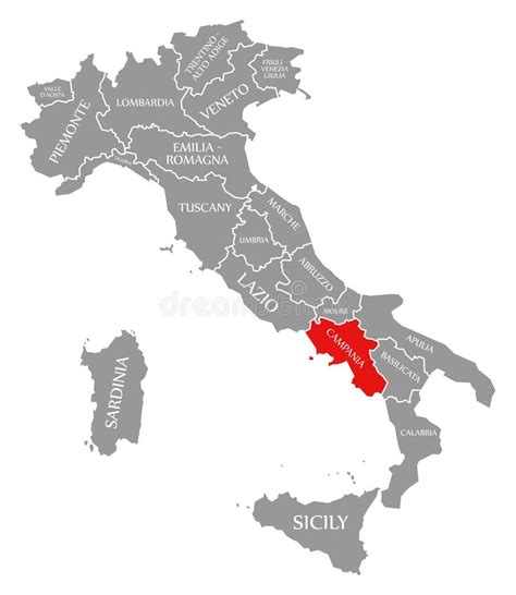 Campania Red Highlighted In Map Of Italy Stock Illustration