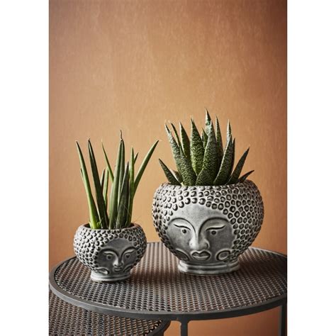 Madam Stoltz Petit Cache Pot Cactus Forme Visage Gres Gris