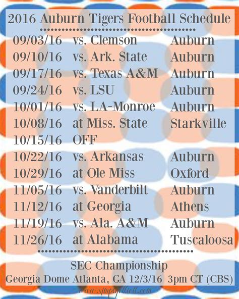 2016 Auburn Football Schedule | Freebie - Simply Elliott