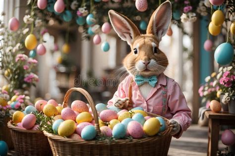 A Picture Of A Large Easter Bunny Carrying A Basket Filled With Eggs