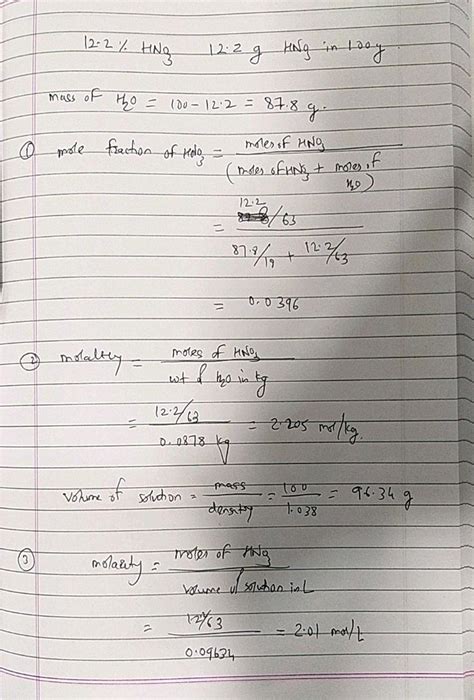 Aqueous Solution 0 0347 7 Calculate The Mole Fractions Molality And Molarity Of Hno In A