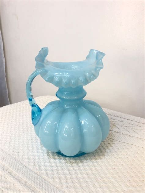 Blue Fenton Ruffled Melon Pitcher Hand Blown Vintage 8 Crimped Bamboo Shaped Glass Handle