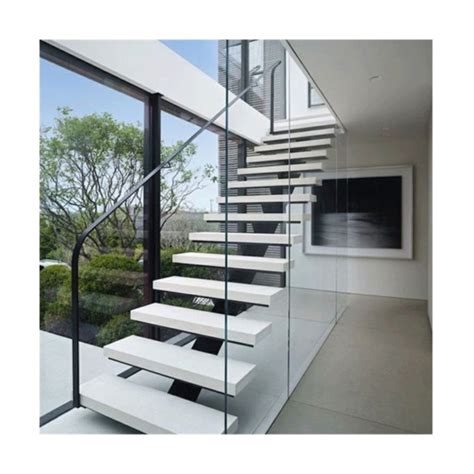 Straight Wood Tread Glass Railing Modern Floating Staircase Prefab Led