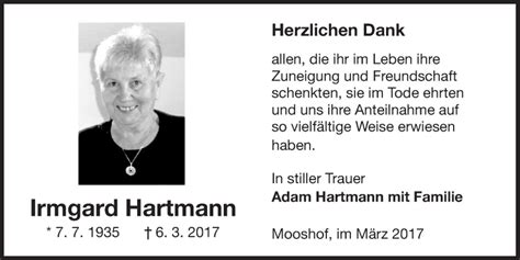 Traueranzeigen Von Irmgard Hartmann Nordbayerischer Kurier