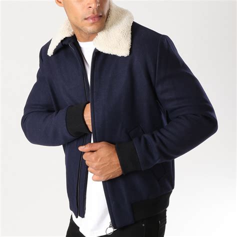 Selected Veste Zippée Col Mouton Want Wool Bleu Marine