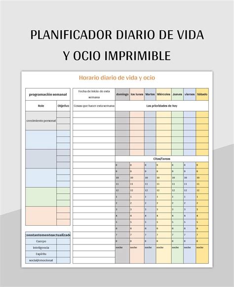 Plantilla De Formato Excel Planificador Diario De Vida Y Ocio Imprimible Y Hoja De Cálculo De