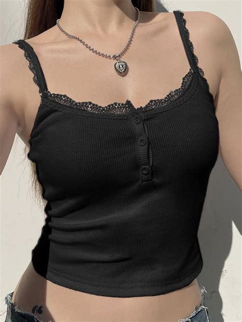 Emmiol Free Shipping 2024 Lace Trim Button Up Ribbed Crop Cami Top