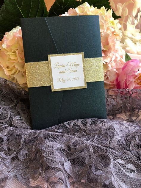 Black And Gold Pocket Wedding Invitation Gold Glitter Wrap Etsy