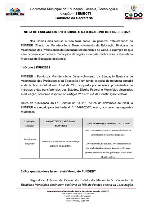 Prefeitura de Codó divulga nota de esclarecimento sobre o rateio abono