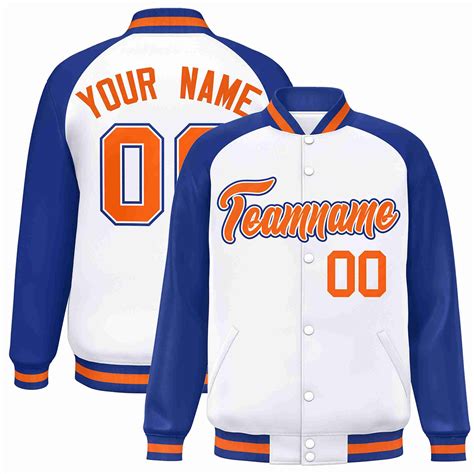 Custom White Orange White Raglan Sleeves Varsity Full Snap Letterman J