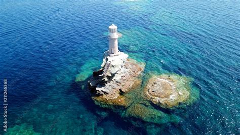 Aerial Drone Bird S Eye View Of Iconic Lighthouse Of Tourlitis In Port