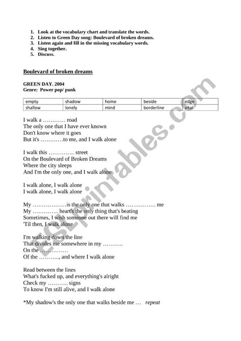 Boulevard Of Broken Dreams Green Day Esl Worksheet By Sarah Carter