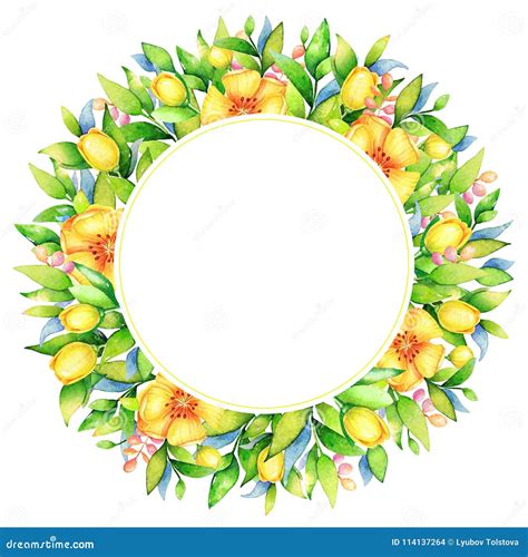 Watercolor Floral Circle Frame With Spring Yellow Flowers Editorial