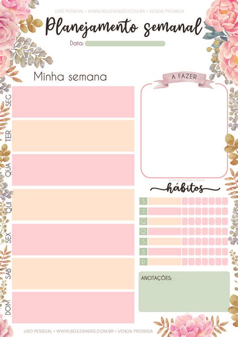 Planner Semanal Novinho Espa O Para Os Dias Da Semana A Fazes