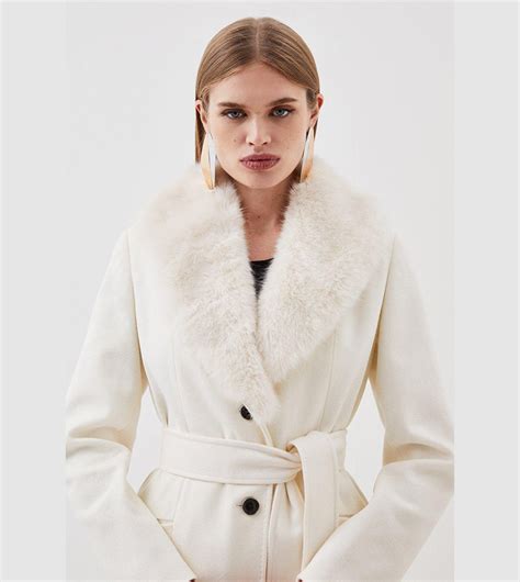 Buy Karen Millen Italian Wool Blend Faux Fur Collar Belted Coat In