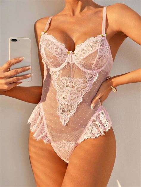 Shein Floral Lace Ruffle Trim Underwire Teddy Bodysuit Shein Usa