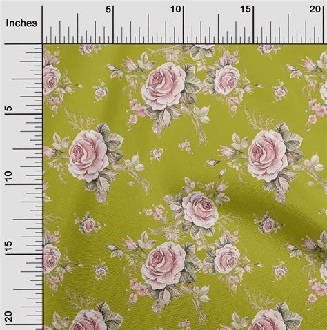 Oneoone Cotton Poplin Lime Green Fabric Leaves And Rose Floral Diy