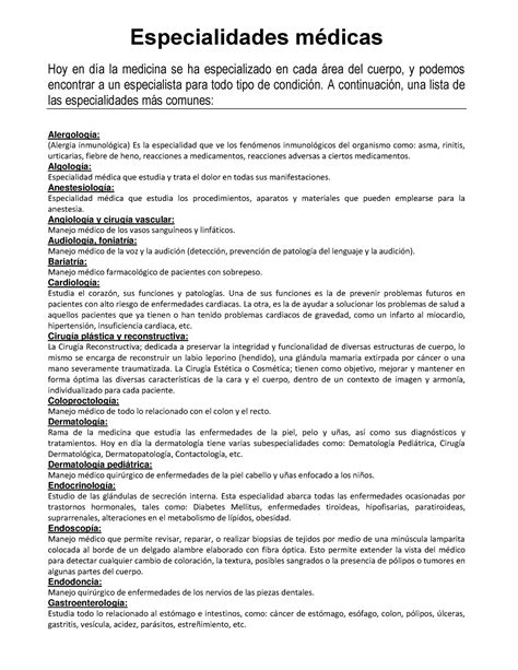 Especialidades de la medicina Especialidades médicas Hoy en dÌa la