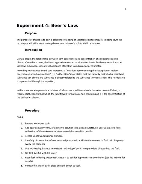 Beers Law Lab Report Experiment 4 Beers Law Purpose The Purpose Of