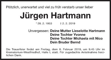 Traueranzeigen Von J Rgen Hartmann Trauer Nn De