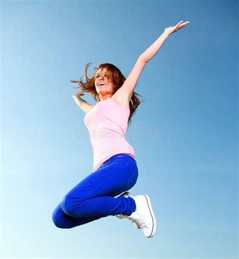 Attractive Girl Young Woman Jumping Sky Stock Photo Image Of