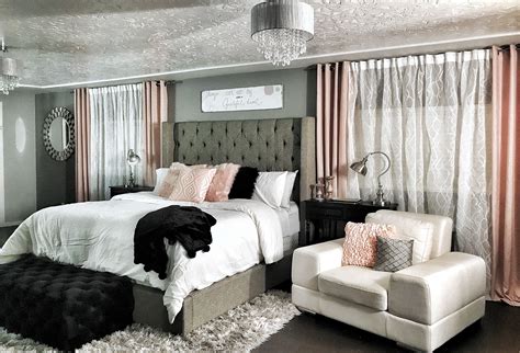 Master Bedroom Dramatic Wing Back Bed Champagne Rose Gold Pink Blush With Greys And Blacks