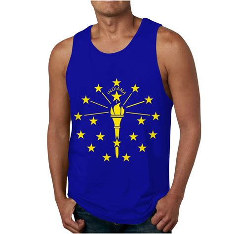 Echfiprom Workout Shirts For Men Sleeveless Blue Tank Tops Round Neck Flag Printed Muscle Shirts