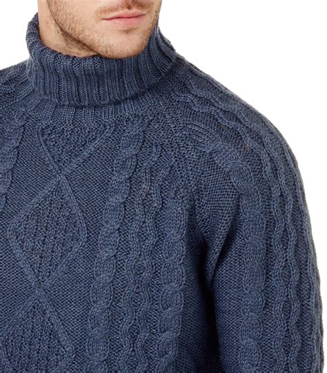 Woolovers Mens Pure Wool Aran Polo Neck Casual Jumper Sweater Knitwear