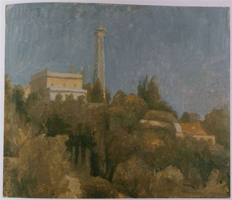 an oil painting of a lighthouse on a hill with trees and buildings in ...