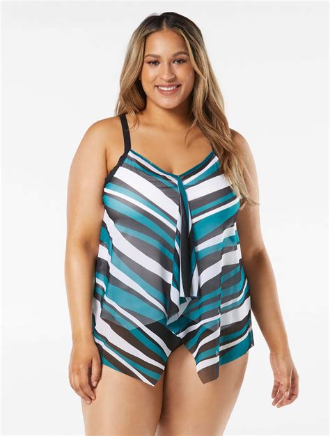 Beach House Swim Plus Size Kerry Mesh Layer Tankini Top Wave Pool Stripe