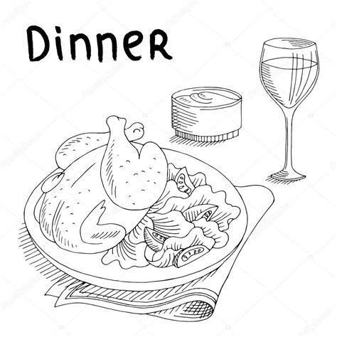 Dinner food chicken salad wine glass graphic art black white sketch ...