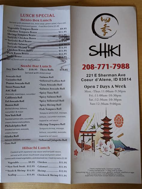 Menu At Shiki Sushi Bar Japanese Grill Coeur D Alene