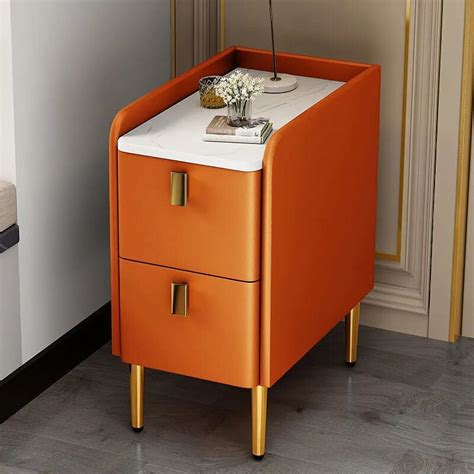 Narrow Modern Style Faux Leather Bedside Table Solid Wood Bedroom Night Stand Mini Side