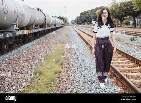 Portrait Happy Asian Woman Lady On Railway Train Station Locomotive