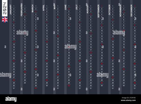 One Row Vertical Calendar For The Year 2024 In English English