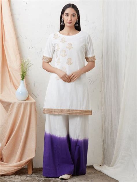 Buy White Hand Block Printed Cotton Kurta With Violet Ombre Palazzo And Dupatta Set Of 3