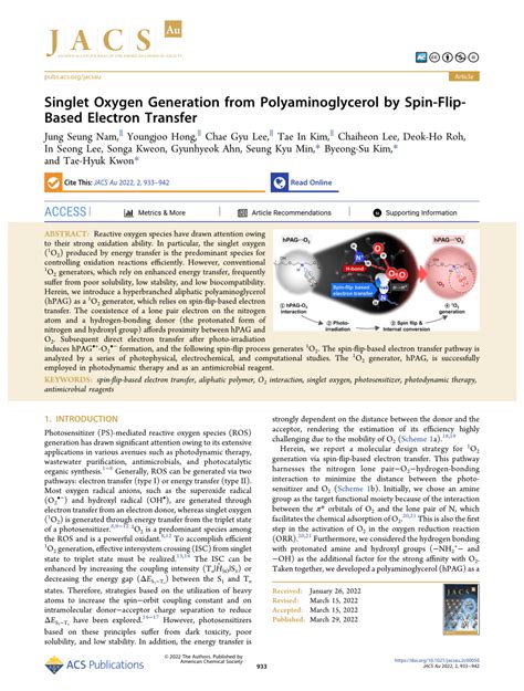 PDF Singlet Oxygen Generation From Polyaminoglycerol By Spin Flip