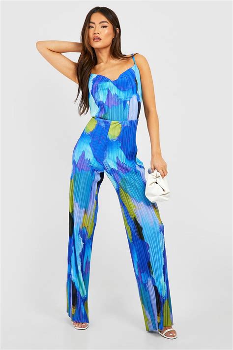 Abstract Plisse Cowl Neck Jumpsuit Boohoo Uk