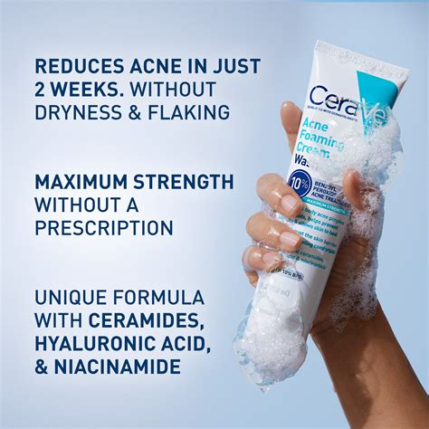 Cerave Acne Foaming Cream Wash With 10 Benzoyl Peroxide For Face And Body 5 Oz