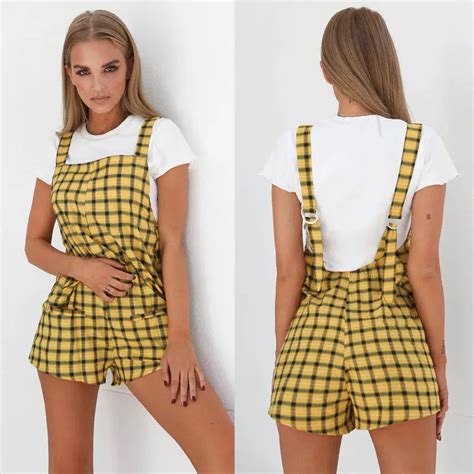 Womens Casual Loose Playsuit Sexy Summer Backless Jumpsuit Plaid Yellow