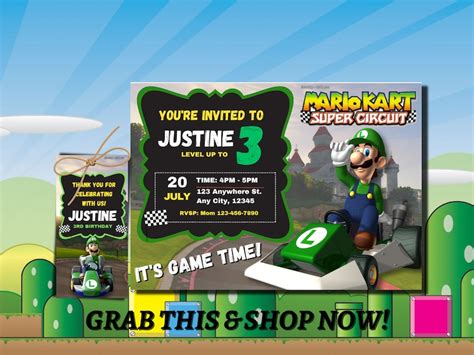 Editable Luigi Kart Invitation Template Super Mario Birthday Etsy