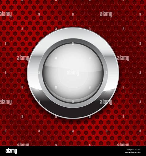 White Glass Button On Red Metal Perforated Background Round Shiny Icon