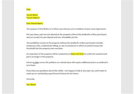 Landlord Notice Of Pet Violation Letter Notice Of Pet Violation Letter