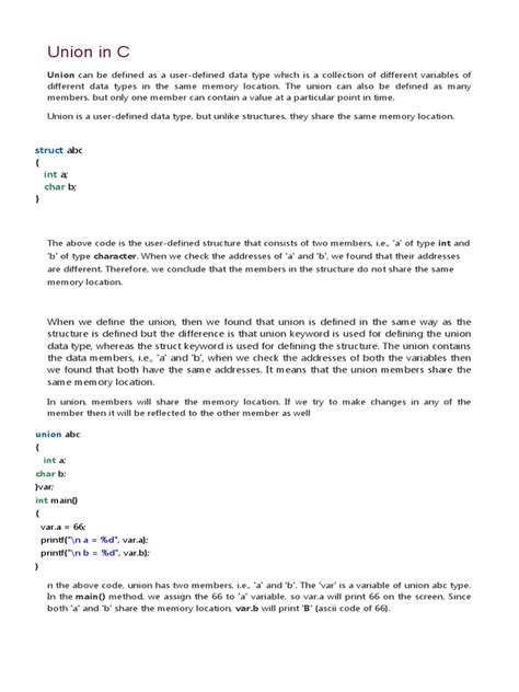 Union In C Understanding Memory Sharing In Unions And Pointers Pdf