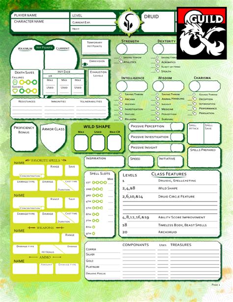 5th Edition Druid Class Character Sheet Dungeon Masters Guild