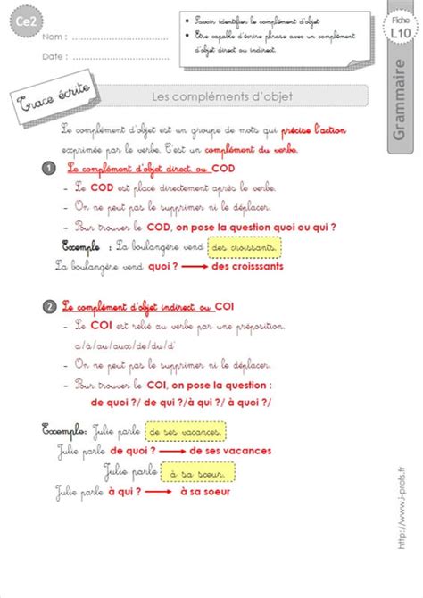 ce2 COD et COI leçon de GRAMMAIRE